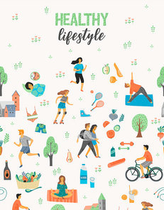 Healthy lifestyle. Roller skates, running, bicycle, walk, yoga, helthy eating. Design element in pastel colors with textures