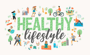 Healthy lifestyle. Roller skates, running, bicycle walk yoga Vector illustration