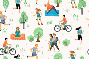 Vector seamless pattern with active young people. Healthy lifestyle. Roller skates, running, bicycle, walk, yoga. Design element in pastel colors with textures.