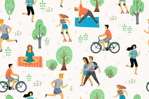 Vector seamless pattern with active young people. Healthy lifestyle. Roller skates, running, bicycle, walk, yoga. Design element in pastel colors with textures.