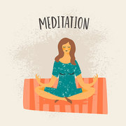 Vector illustration of meditating woman. Design element in pastel colors with textures.