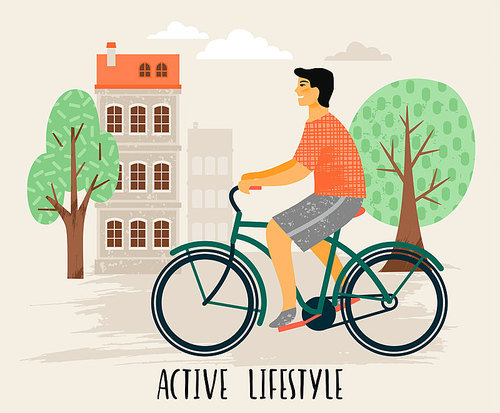 Vector illustration of man on a bicycle. Healthy lifestyle. Design element in pastel colors with textures.