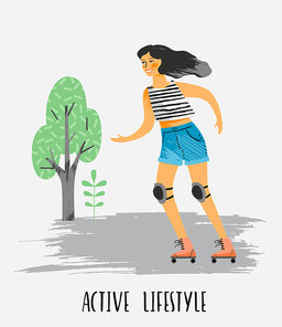 Vector illustration of woman in roller skates. Healthy lifestyle. Design element in pastel colors with textures.