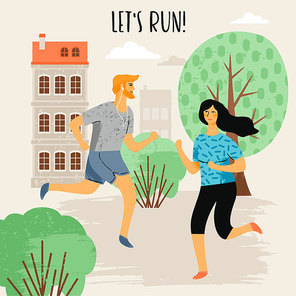 Vector illustration of running woman and man. Healthy lifestyle. Design element in pastel colors with textures.