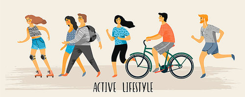 Vector stylized illustration of active young people. Healthy lifestyle. Roller skates, running, bicycle, walk, yoga. Design element in pastel colors with textures.