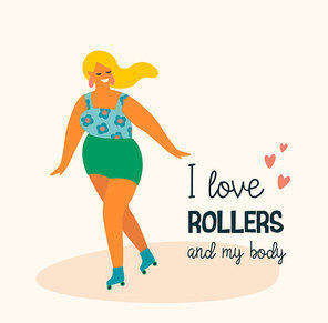 Body positive. Happy plus size girl and active lifestyle. Vector illustration.