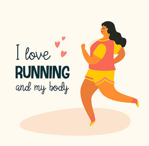 Body positive. Happy plus size girl and active lifestyle. Vector illustration.