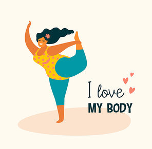 Body positive. Happy plus size girl and active lifestyle. Vector illustration.