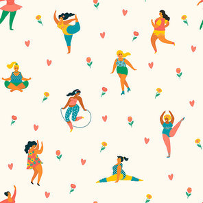 Body positive. Happy plus size girls and active lifestyle. Vector seamless pattern.