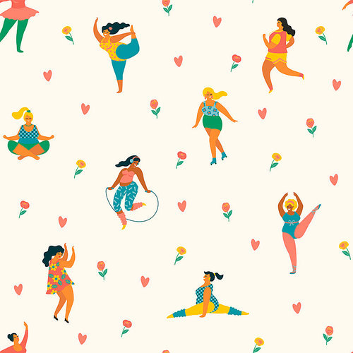 Body positive. Happy plus size girls and active lifestyle. Vector seamless pattern.