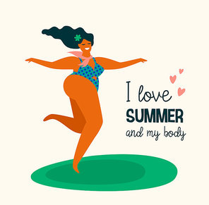 Body positive. Happy plus size girl are dancing. Vector illustration.