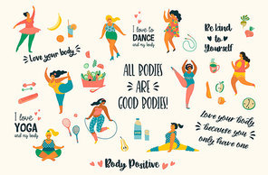 Body positive. Happy plus size girls and active healthy lifestyle. Vector illustration.