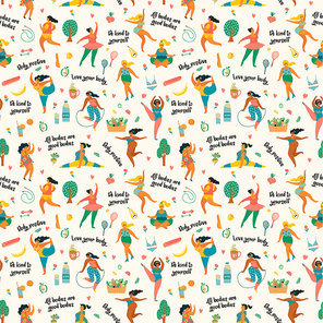 Body positive. Happy plus size girls and active lifestyle. Vector seamless pattern.