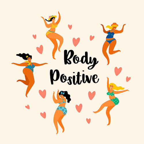Body positive. Happy plus size girls are dancing. Vector illustration.