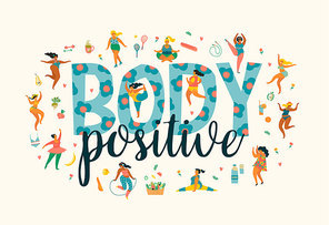 Body positive. Happy plus size girls and active healthy lifestyle. Vector illustration.