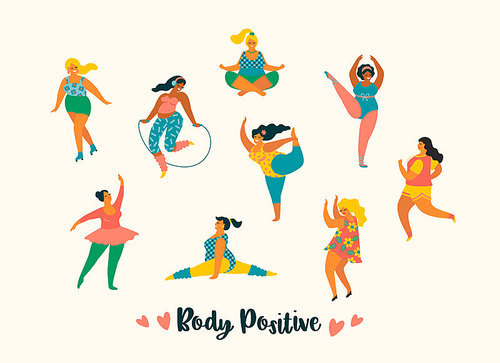 Body positive. Happy plus size girls and active lifestyle. Vector illustration.