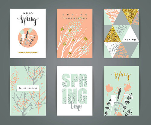 Set of artistic creative spring cards. Hand Drawn and gold glitter textures. Design for poster, card, invitation, placard, brochure, flyer. Vector.