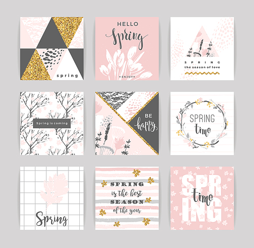 Set of artistic creative spring cards. Hand Drawn textures. Spring gentle pastel colors. Design for poster, card, invitation, placard, brochure, flyer. Vector