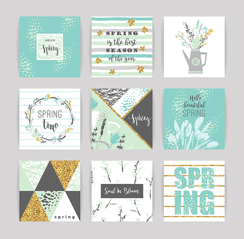 Set of artistic creative spring cards. Hand Drawn textures. Spring gentle pastel colors. Design for poster, card, invitation, placard, brochure, flyer. Vector