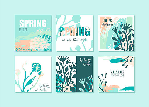 Set of abstract creative Spring cards. Fresh colors. Hand drawn art texture and floral elements. Modern and stylish abstract templates for poster, cover, invitation design.