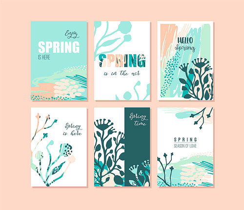 Set of abstract creative Spring cards. Fresh colors. Hand drawn art texture and floral elements. Modern and stylish abstract templates for poster, cover, invitation design.