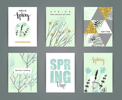 Set of artistic creative spring cards. Hand Drawn and gold glitter textures. Design for poster, card, invitation, placard, brochure, flyer. Vector.