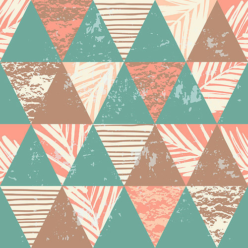 Trendy seamless exotic pattern with palm, hand texture and geometric elements. Vector illustration