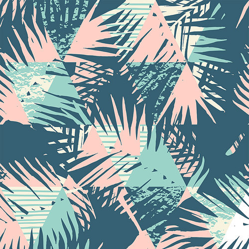 Seamless exotic pattern with tropical palm leaves on geometric background. Vector hand drawn texture.