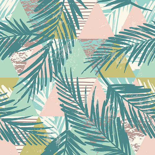 Seamless exotic pattern with tropical plants and geometric background. Hand draw texture.