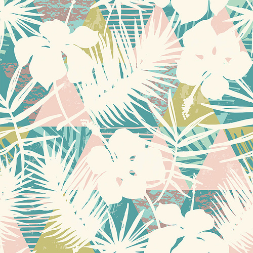Seamless exotic pattern with tropical plants and geometric background. Hand draw texture.