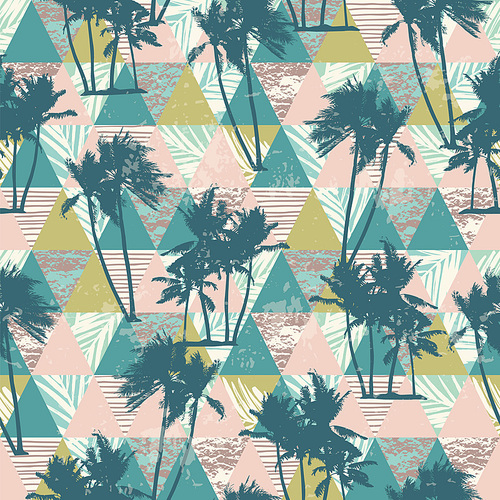 Seamless exotic pattern with tropical palms and geometric background. Modern abstract design for paper, cover, fabric, interior decor and other users.