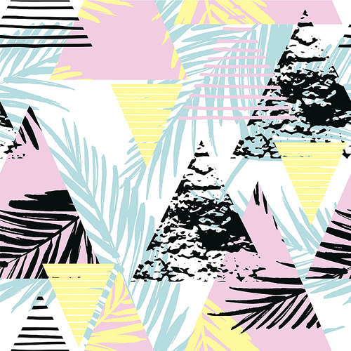 Seamless exotic pattern with palm leaves on geometric background . Vector illustration.