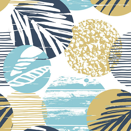 Trendy sea seamless pattern with hand texture and geometric elements. Vector illustration