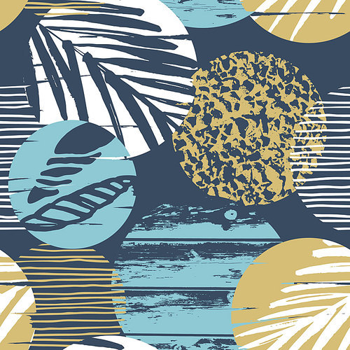 Trendy sea seamless pattern with hand texture and geometric elements. Vector illustration