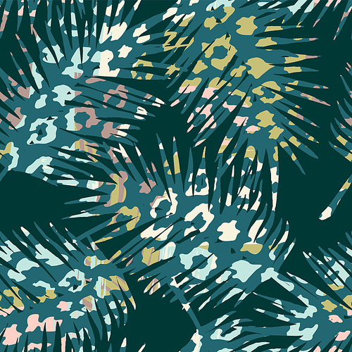 Trendy seamless exotic pattern with palm, animal prints and hand drawn ...