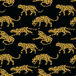 Seamless exotic pattern with abstract silhouettes of leopards. Vector hand draw design.