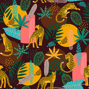 Vestor seamless pattern with leopards and abstract tropical leaves. Trendy style.