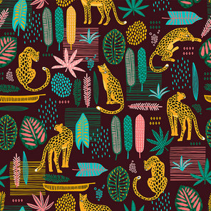Vestor seamless pattern with leopards and abstract tropical leaves. Trendy style.