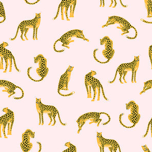 Seamless exotic pattern with abstract silhouettes of leopards. Vector hand draw design.