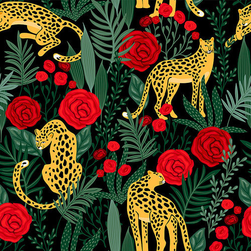 Vestor seamless pattern with leopards, tropical leaves and roses. Trendy style.