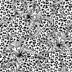 Eclectic fabric seamless pattern. Animal background with baroque ornament. Vector illustration
