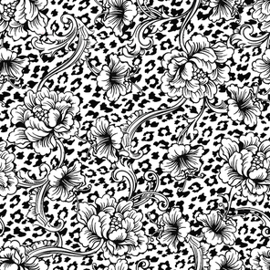 Eclectic fabric seamless pattern. Animal background with baroque ornament. Vector illustration