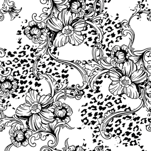 Eclectic fabric seamless pattern. Animal background with baroque ornament. Vector illustration