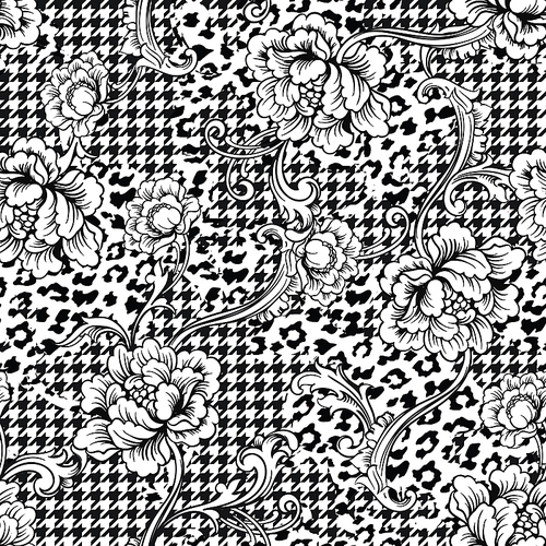 Eclectic fabric seamless pattern. Animal and plaid background with baroque ornament. Vector illustration