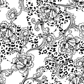 Eclectic fabric seamless pattern. Animal background with baroque ornament. Vector illustration