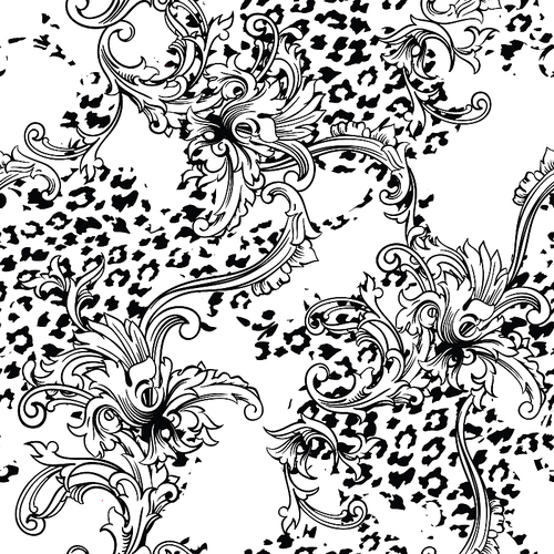 Eclectic fabric seamless pattern. Animal background with baroque ornament. Vector illustration