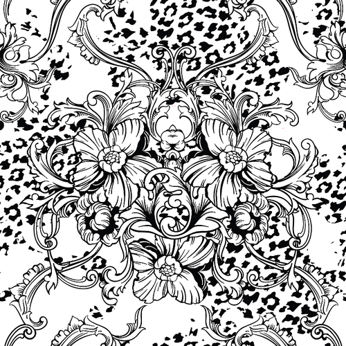 Eclectic fabric seamless pattern. Animal background with baroque ornament. Vector illustration