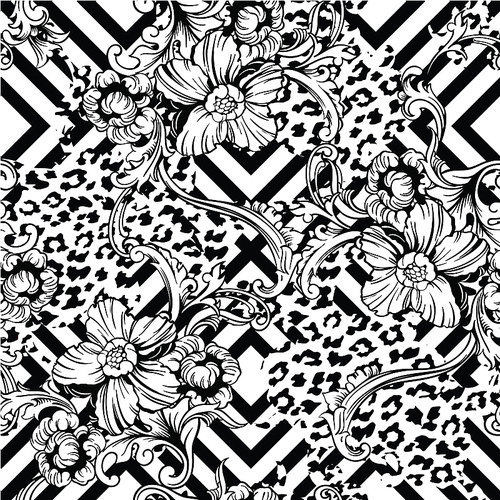 Eclectic fabric seamless pattern. Animal and geometric background with baroque ornament. Vector illustration