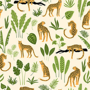 Vestor seamless pattern with leopards and tropical leaves. Trendy style.