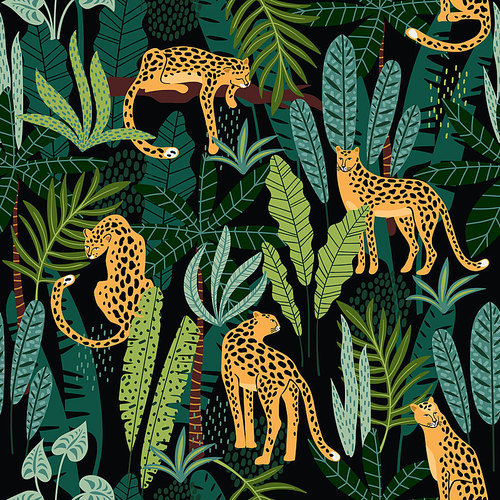 Vestor seamless pattern with leopards and tropical leaves. Trendy style.